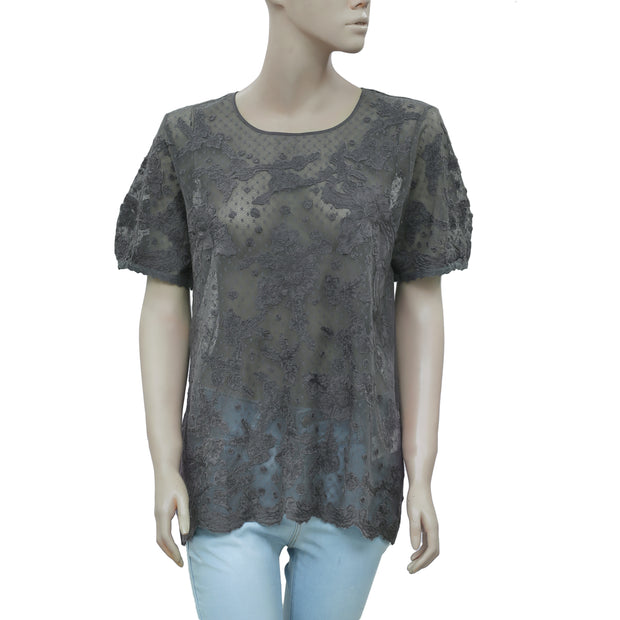 High Use Meshed Lace Sheer Dark Gray Blouse Top L
