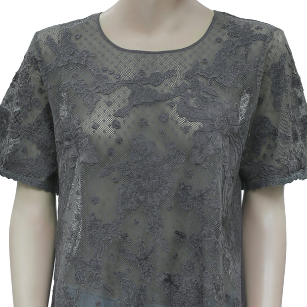 High Use Meshed Lace Sheer Dark Gray Blouse Top L