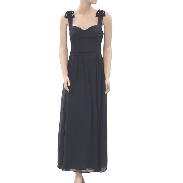 Uterque Plumetis Velvet Dot Pearl Maxi Dress L