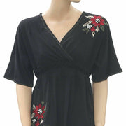 Caite Anthropologie Floral Embroidered Blouse Top Black  S