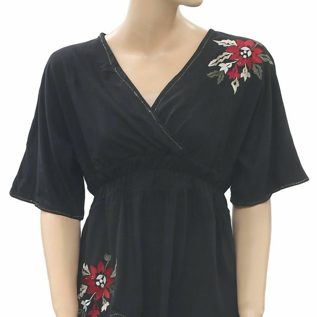 Caite Anthropologie Floral Embroidered Blouse Top Black  S