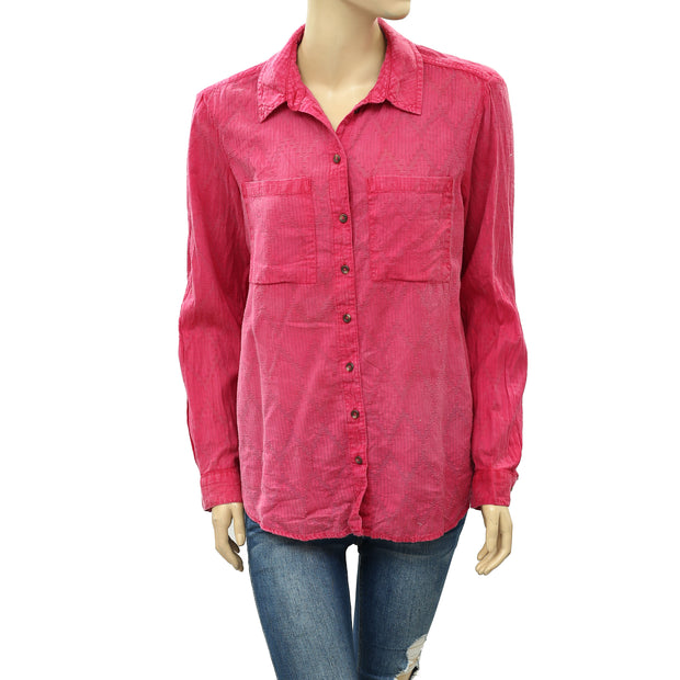 Maeve Anthropologie Hot Pink Buttondown Shirt Tunic Top