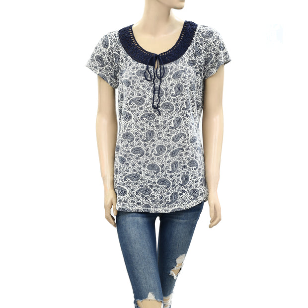Lucky Brand Paisley Printed Crochet Lace Tunic Top M