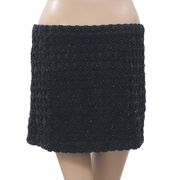 Anthropologie Crochet Beaded Black Mini Skirt M