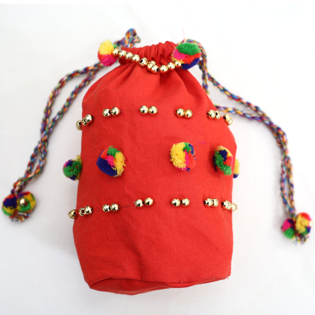 White Chocolate Mini Pouch Storage Cosmetic Bag Drawstring Pom-pom Beaded