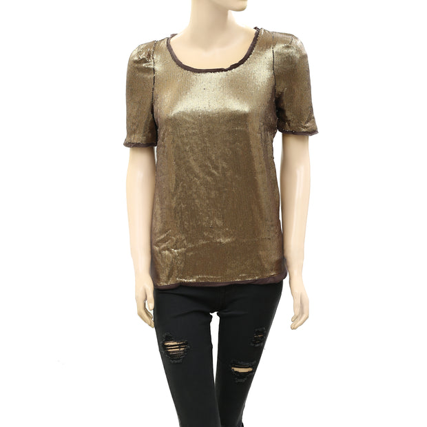 I Code By IKKS Sequins Embellished Golden Blouse Top XS
