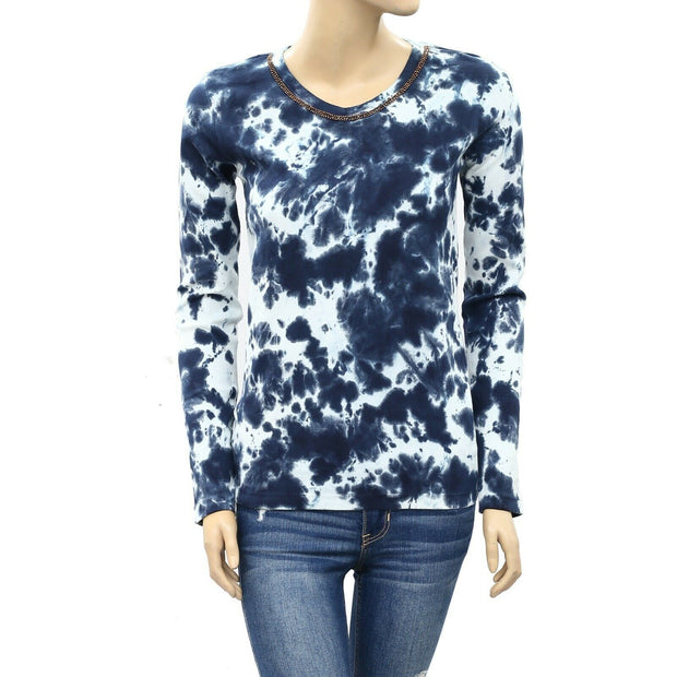 Hitobito Tie Dye Printed Beaded Blue Blouse Top XS