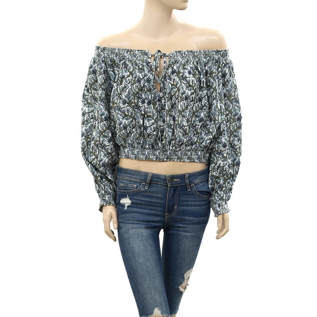 Free People Printed Anything Goes Off the Shoulder Crop Top S