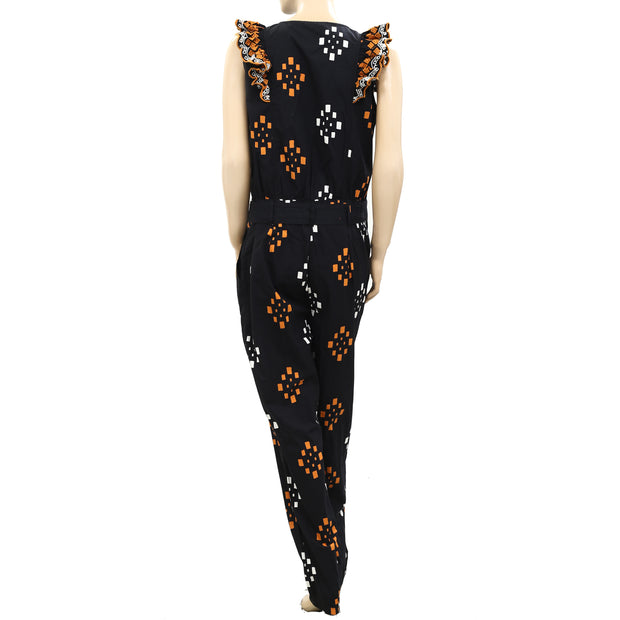 Sezane Embroidered Printed Jumpsuit Dress L-42