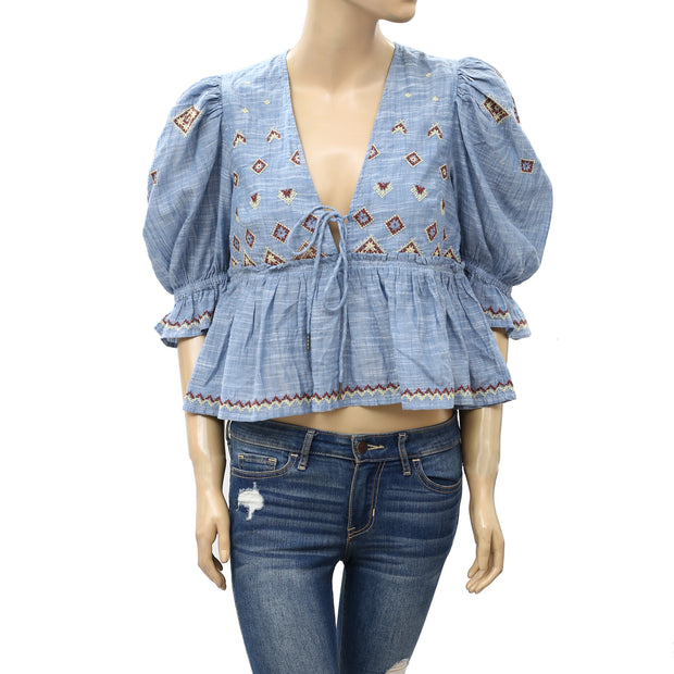Free People Tallulah Embroidered Blouse Top XS