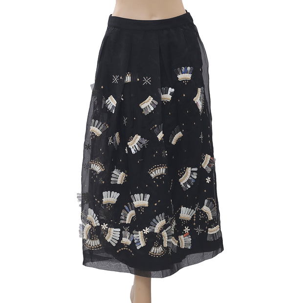 Uterque Organza Embellished Black Midi Skirt XS