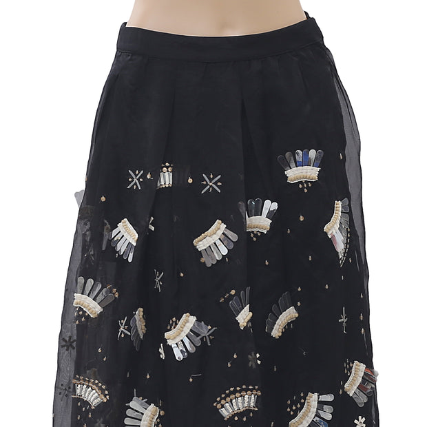 Uterque Organza Embellished Black Midi Skirt XS