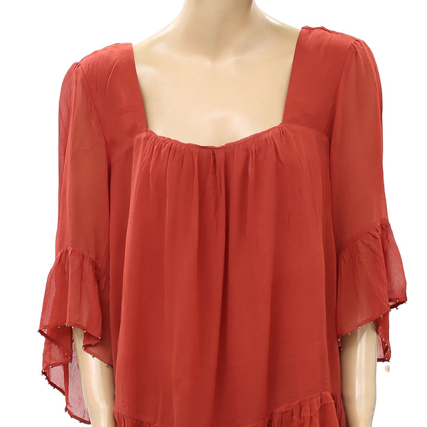 Floreat Anthropologie Beaded Ruffle Blouse Top