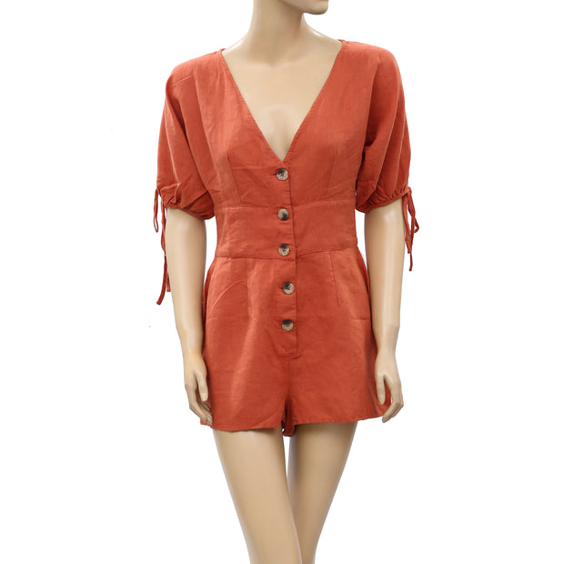 Urban Outfitters Lily Linen Button-Front Romper Dress S