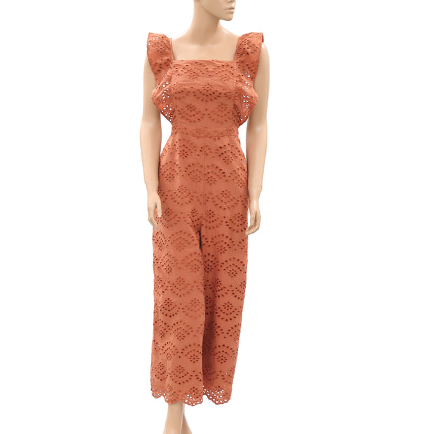 Top Shop Embroidered Ruffle Jumpsuit Eyelet Back Tie Rust M