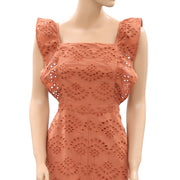 Top Shop Embroidered Ruffle Jumpsuit Eyelet Back Tie Rust M