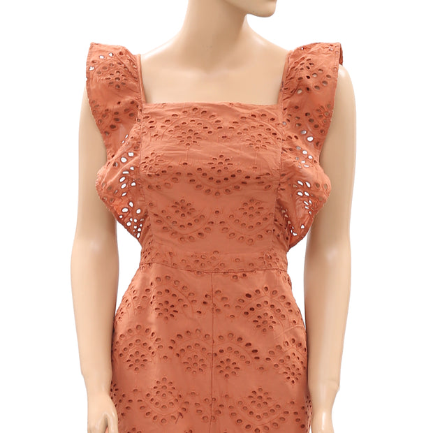 Top Shop Embroidered Ruffle Jumpsuit Eyelet Back Tie Rust M