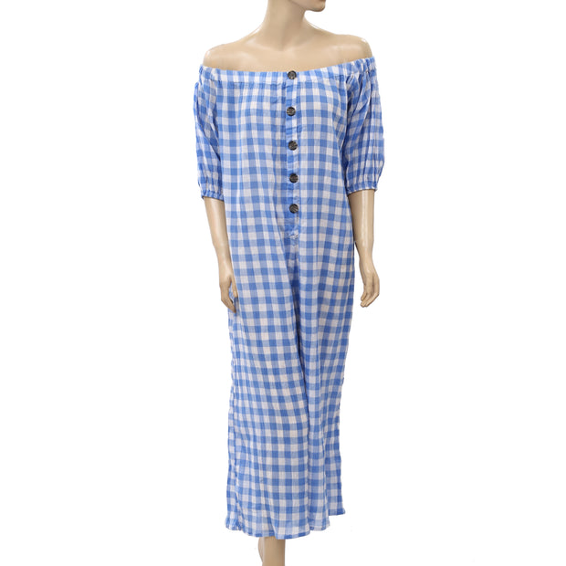 Asos Design Maternity Off Shoulder Wide Leg Plaid Cotton Jumpsuit M 8