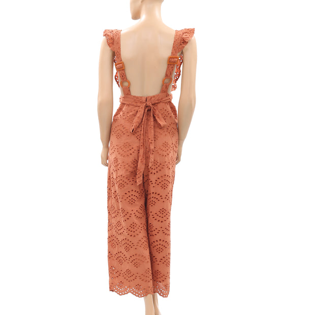 Top Shop Embroidered Ruffle Jumpsuit Eyelet Back Tie Rust M