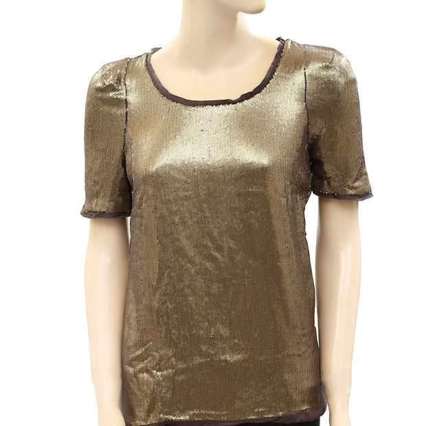 I Code By IKKS Sequins Embellished Golden Blouse Top XS
