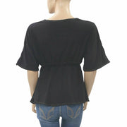 Caite Anthropologie Floral Embroidered Blouse Top Black  S