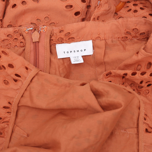 Top Shop Embroidered Ruffle Jumpsuit Eyelet Back Tie Rust M