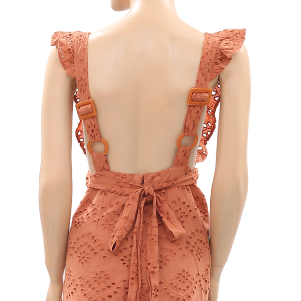 Top Shop Embroidered Ruffle Jumpsuit Eyelet Back Tie Rust M