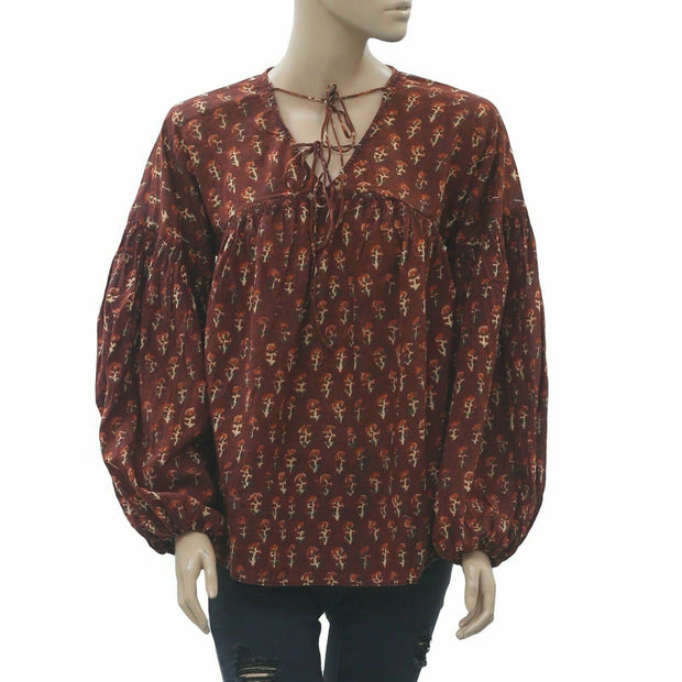 Doen Collection Petunia Happy Flower Block Print Blouse Top