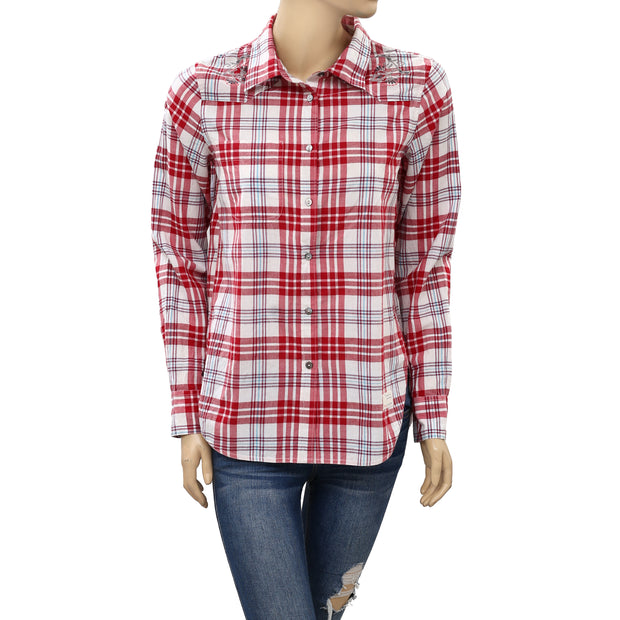 Odd Molly Anthropologie Embroidered Plaid Shirt Tunic Top