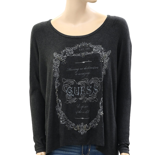 Guess Printed Sequin Embroidered Blouse T-Shirt Top XS