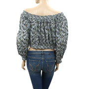 Free People Printed Anything Goes Off the Shoulder Crop Top S