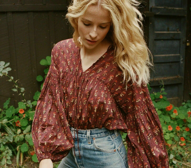 Doen Collection Petunia Happy Flower Block Print Blouse Top