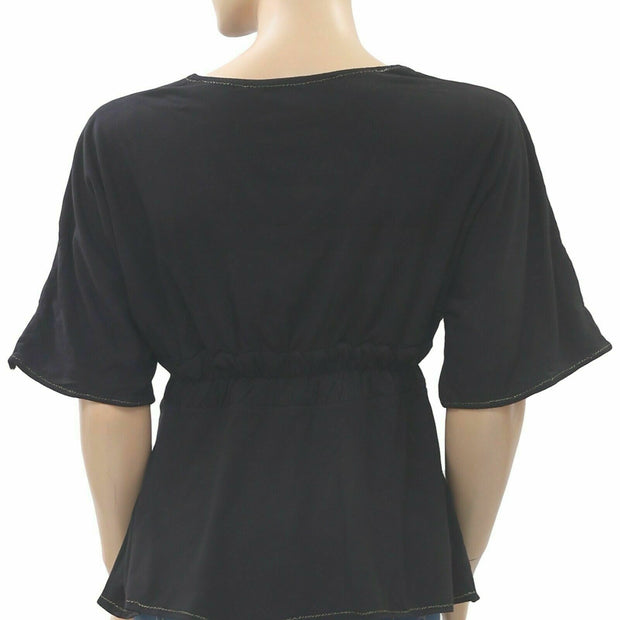 Caite Anthropologie Floral Embroidered Blouse Top Black  S