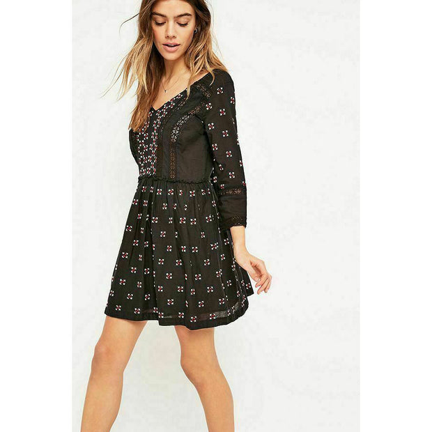 Staring at Stars Embroidered Black Babydoll Mini Dress S