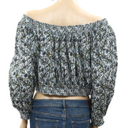 Free People Printed Anything Goes Off the Shoulder Crop Top S