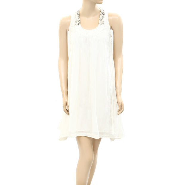 Alysi Embellished Pintuck Ivory Mini Dress XS