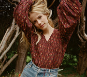 Doen Collection Petunia Happy Flower Block Print Blouse Top