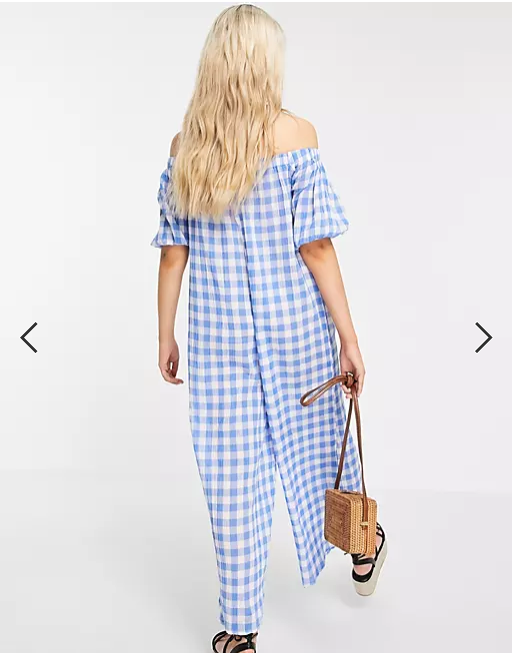 Asos Design Maternity Off Shoulder Wide Leg Plaid Cotton Jumpsuit M 8