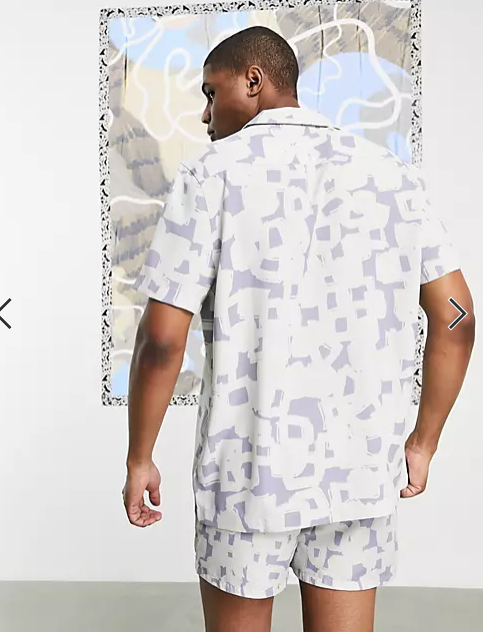 ASOS DESIGN Men's Co-ord Revere Lilac Grey Pattern Shirt S