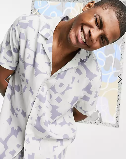 ASOS DESIGN Men's Co-ord Revere Lilac Grey Pattern Shirt S