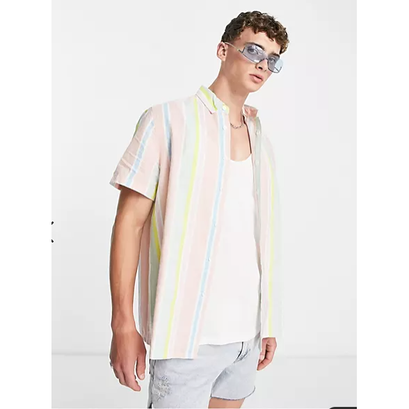 Asos Design Men's Pastel Stripe Linen Shirt 3XL