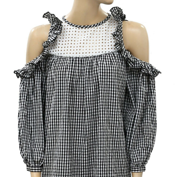 Free People Check Printed Eyelet Mini Dress XS