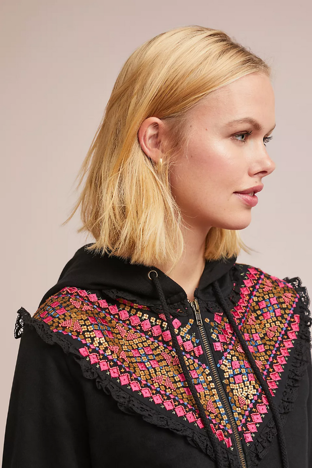 Akemi + Kin Anthropologie Embroidered Terry Hoodie Top S