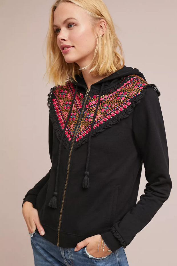 Akemi + Kin Anthropologie Embroidered Terry Hoodie Top S