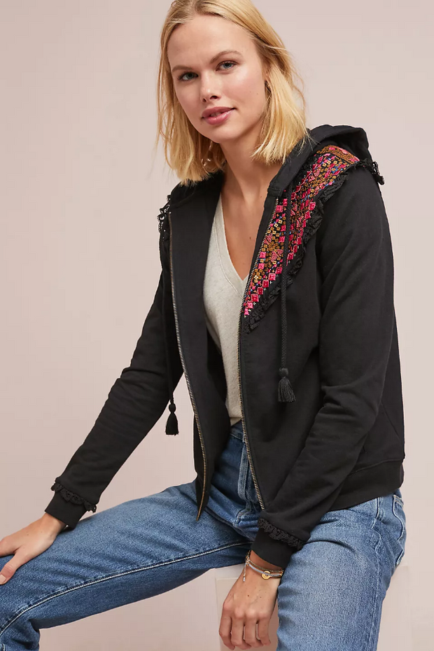 Akemi + Kin Anthropologie Embroidered Terry Hoodie Top S