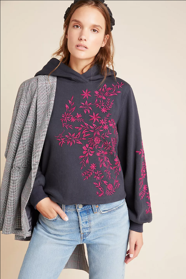 Maeve Anthropologie Waverly Embroidered Hoodie Pullover Top