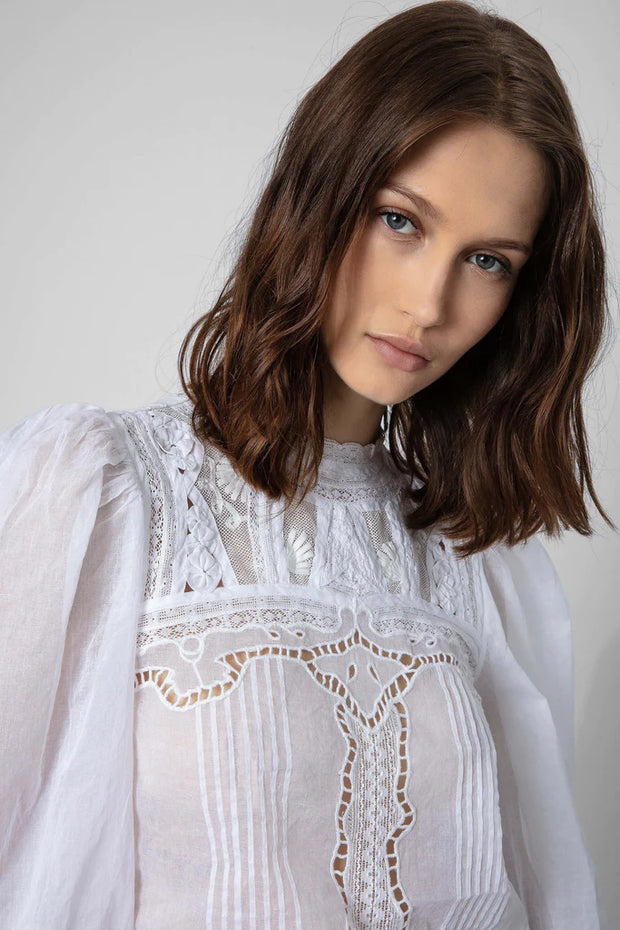 Zadig & Voltaire Embroidered Balloon-sleeve Blouse Top Lace Pintuck XS
