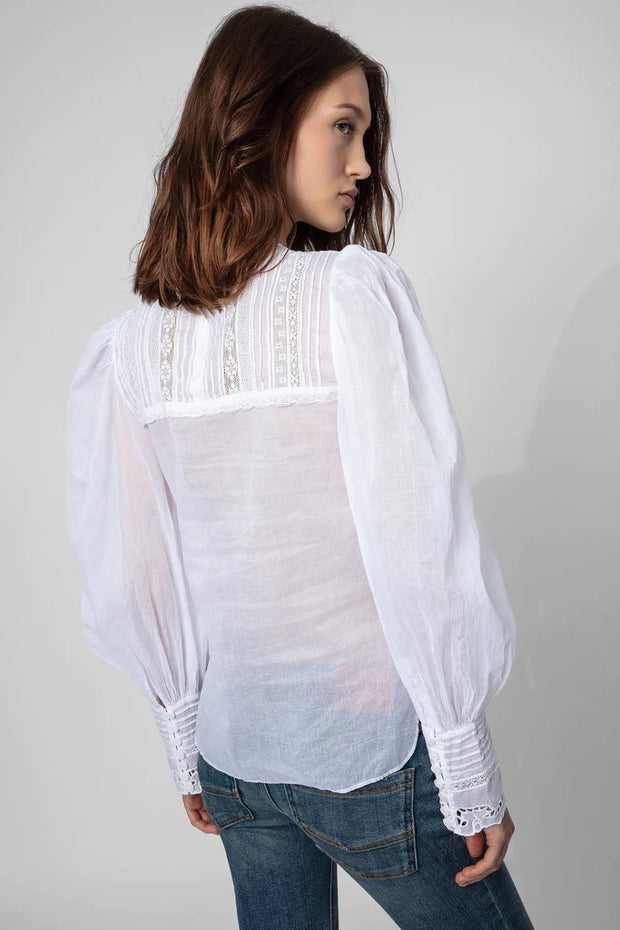 Zadig & Voltaire Embroidered Balloon-sleeve Blouse Top Lace Pintuck XS