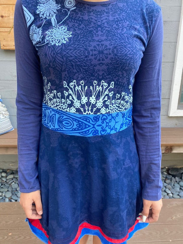 Desigual Floral Printed Mini Dress Retro Blue Vintage Elegant Tunic XXS