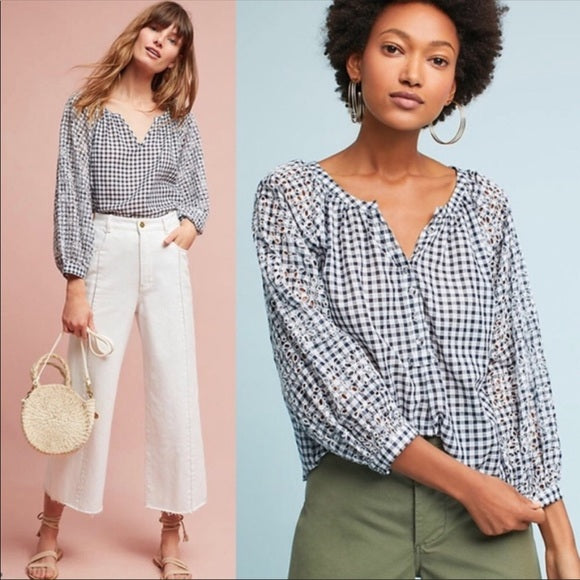 Akemi + Kin Anthropologie Presley Gingham Check Blouse Top XS